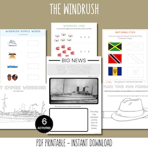 Op de afbeelding: Een printbaar activiteitenpakket voor kinderen over de HMT Empire Windrush, een schip dat in 1948 Caribische immigranten naar Engeland bracht. Het pakket bevat kleurplaten, woordzoekers en andere activiteiten. Het pakket is getiteld "The Windrush" en bevat een zwart-witte illustratie van het schip.