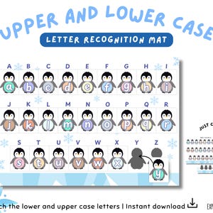 Könnte beinhalten: Ein Buchstaben-Erkennungs-Matte mit Pinguin-Illustrationen, die Groß- und Kleinbuchstaben A-Z zeigt. Die Matte hat ein blau-weißes Winterthema mit dem Text "Upper and Lower Case Letter Recognition Mat". Enthält Pinguin-Ausschnitte.