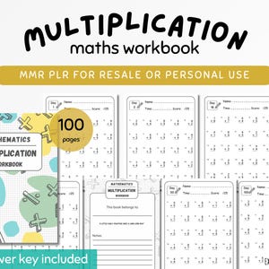Peut inclure: Un cahier d'exercices de multiplication avec le titre "MULTIPLICATION maths workbook" en noir et en gras. La couverture du cahier d'exercices présente un rectangle blanc avec les mots "MATHEMATICS MULTIPLICATION WORKBOOK". Le cahier comprend 100 pages de problèmes de multiplication.