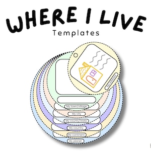 Waar ik woon Sjablonen Cirkelcontouren Planeet Continent Land Staat Provincie Stad Stad Dorp Woonadres Afdrukbaar uitgesneden Leerlocatie