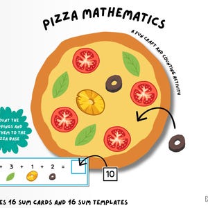 May include: A colorful illustration of a pizza with toppings, including tomatoes, olives, pineapple, and basil leaves. The text "PIZZA MATHEMATICS" and "A FUN CRAFT AND COUNTING ACTIVITY" are displayed. Includes sum cards and templates for a fun counting activity.