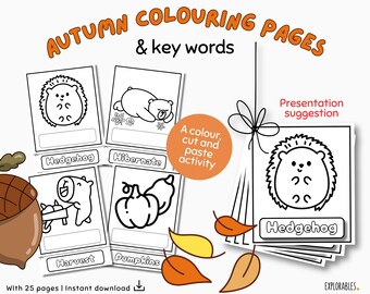 Autumn Colouring Pages And Key Words Fall Themed Cute Kawaii Style Art Worksheets Fun for Children Kindergarten Pre-k Kids Literacy Reading