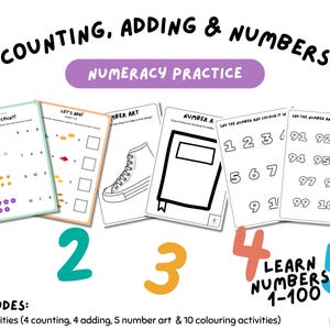 Puede incluir: Un conjunto de hojas de trabajo educativas imprimibles para niños. Las hojas de trabajo incluyen actividades de conteo, suma y arte numérico. El título dice "COUNTING, ADDING & NUMBERS" con el subtítulo "NUMERACY PRACTICE". Las hojas están numeradas del 1 al 5.