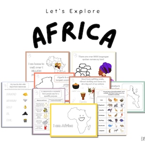 May include: Educational printables about Africa, featuring the continent's outline, facts, and illustrations. The text includes "Let's Explore Africa," and facts about the continent, including resources and animals.