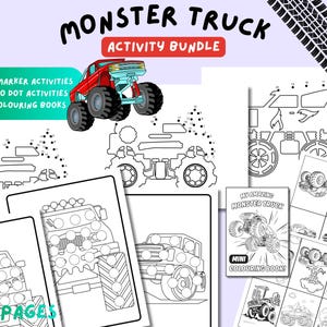 Könnte beinhalten: Ein Monster Truck Activity Bundle mit 44 Seiten voller Aktivitäten. Enthält Punktmarker-Aktivitäten, Punkt-zu-Punkt-Aktivitäten und Mini-Malbücher. Das Cover zeigt einen roten Monster Truck. Der Text lautet "Monster Truck Activity Bundle".