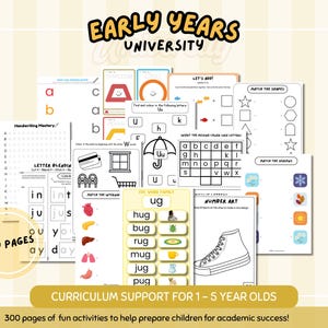 May include: A collection of educational worksheets titled Early Years University, featuring 300 pages of activities for children. The pages include letter tracing, shape matching, number art, and word family exercises with black and white illustrations.