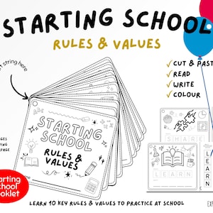 May include: A black and white booklet titled "Starting School Rules & Values" with illustrations and text. The booklet includes 14 pages and features activities like cutting, pasting, reading, writing, and coloring. Includes red, blue, and pink balloons.