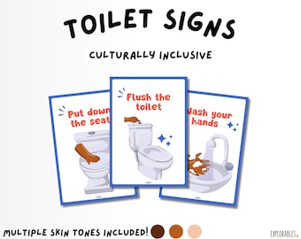 Toilet Signs Culturally Inclusive Flush The Toilet Put The Toilet Seat Down Wash Your Hands Signs For Kids Toilet Training Potty Training