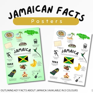 Jamaika Facts Poster Ackee und Saltfish Doktorvogel Flagge bildung druckbare Wandkunst Geographie Karibik Bananen jamaikanische Unabhängigkeit