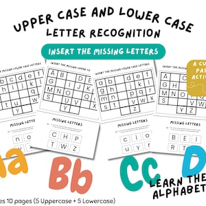 Peut inclure: Feuilles d'activités éducatives pour l'apprentissage de l'alphabet. Les feuilles présentent des exercices de reconnaissance de lettres majuscules et minuscules avec des activités à compléter. Comprend 10 pages avec des lettres majuscules et minuscules. Le texte dit "Reconnaissance des lettres majuscules et minuscules".