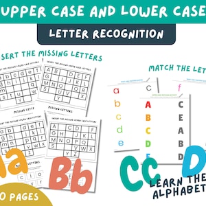 May include: A 20-page educational alphabet learning set featuring letter recognition worksheets. The materials include grids for inserting missing upper and lower case letters, matching activities with colourful letters, and large letter graphics.