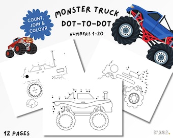 Monster Truck Dot To Dot Colouring Pages Puzzles For Children & Adults Art Skills Counting To 20 Printable Cars Vehicles Trucks Activity