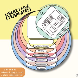 Waar ik woon Sjablonen Cirkelcontouren Planeet Continent Land Staat Provincie Stad Stad Dorp Woonadres Afdrukbaar uitgesneden Leerlocatie