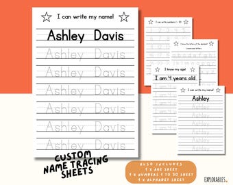 Custom name tracing sheets including age, alphabet and numbers to 30 sheets | Daily practice, preschool, handwriting, numbers, letters