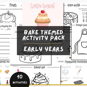 Paquete de actividades con temática de repostería para niños: actividades imprimibles para hornear, colorear, decorar, lista de compras, matemáticas, contar ingredientes, equipo, diversión.
