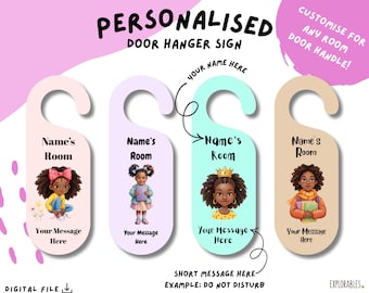 Personalised Door Handle Hanger Sign Name Black Girl AfroCaribbean African American Little Girls Printable Gift Idea Melanin Kid Room Decor