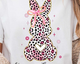 Joyeuses Pâques imprimé léopard lapin Png, coquette rétro lapin de Pâques Png, coquette de Pâques PNG, lapin de Pâques rose filles paillettes coeur Pâques Png