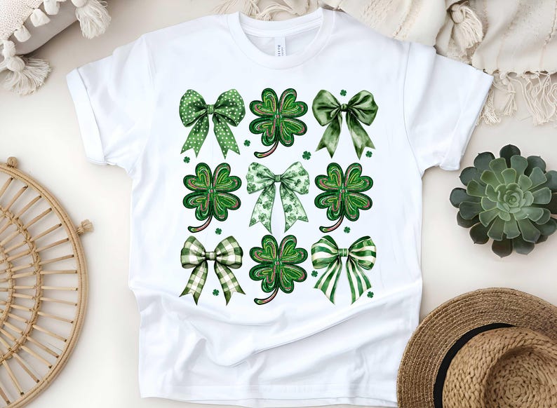 May include: White t-shirt featuring a green shamrock and bow design. The shamrocks and bows are green with white polka dots.