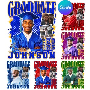 May include: A collection of graduation-themed designs featuring a smiling graduate in a cap and gown. Each design includes the name "Bruno Johnson", the year "2025", and the word "GRADUATE" in bold text. The designs are in various colors.