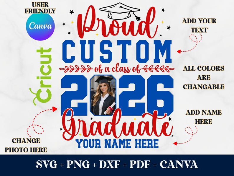 Laurea 2026 CANVA modificabile, laureato 2026 SVG PNG, famiglia orgogliosa laureato 2026 Svg, file Svg per Cricut, modificabile su inserto fotografico Canva immagine 1