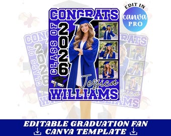 Plantilla editable de abanico de graduación 2026 en Canva, diseño personalizable de abanico azul para fotos de graduación de la promoción de 2026 (descarga digital).