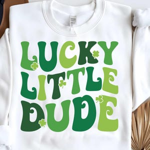 May include: White sweatshirt with green shamrock designs and the text "Lucky Little Dude" in a retro font.