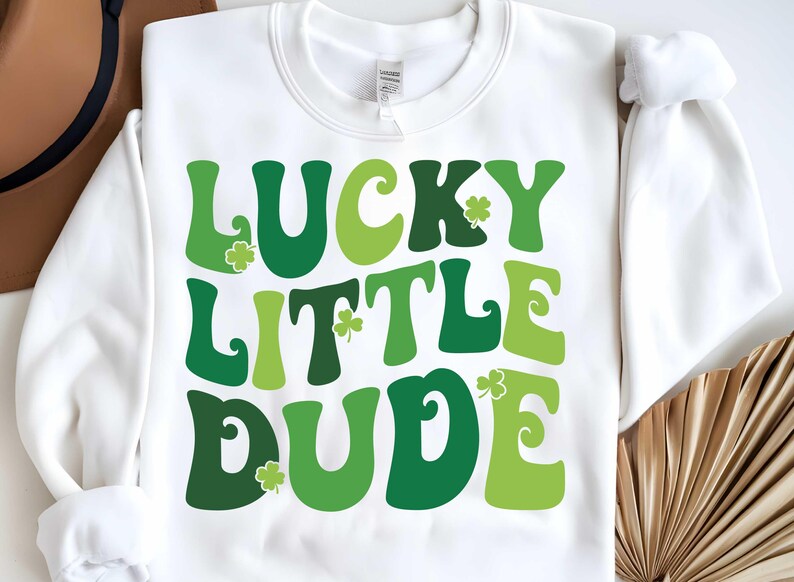 May include: White sweatshirt with green shamrock designs and the text "Lucky Little Dude" in a retro font.