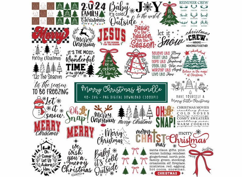Pu&ograve; includere: Un pacchetto di download digitale di 40 file SVG e PNG a tema natalizio. I design presentano varie frasi legate al Natale, tra cui "Buon Natale", "Che nevichi", "Piccolo fa freddo fuori" e "Oh, ecco!" I design sono in rosso, verde e nero su sfondo bianco.