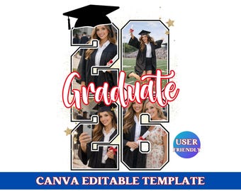 Modelo editável do Canva para fotos de formandos de 2026, com nome personalizável e opção para adicionar foto em formato de números. Foto personalizada para formandos de 2026.