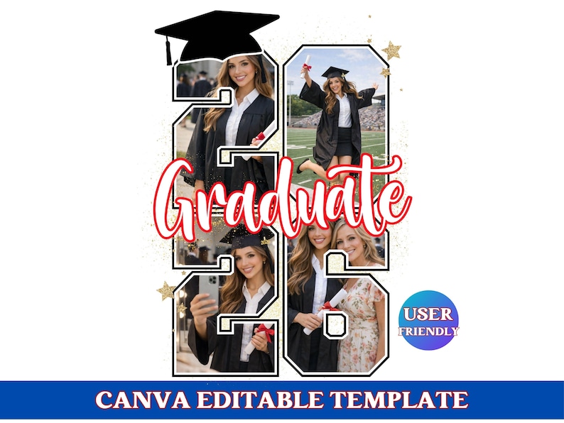 Modelo editável do Canva para fotos de formandos de 2026, com nome personalizável e opção para adicionar foto em formato de números. Foto personalizada para formandos de 2026. imagem 1