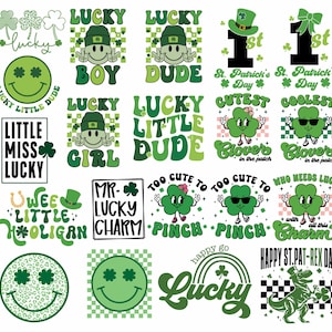 Peut inclure: Une collection de 16 motifs numériques colorés mettant en scène des trèfles, des visages souriants et du texte en rapport avec la Saint-Patrick. Les motifs comprennent des phrases comme "Lucky Boy", "Lucky Girl", "Little Miss Lucky" et "Too Cute to Pinch".