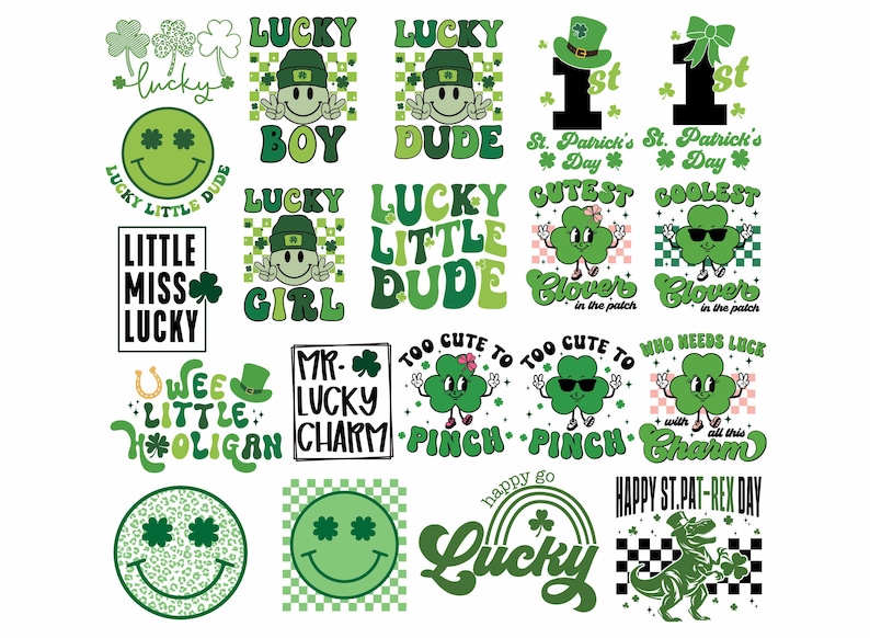 May include: A collection of 16 colorful digital designs featuring shamrocks, smiling faces, and text related to St. Patrick's Day. The designs include phrases like "Lucky Boy", "Lucky Girl", "Little Miss Lucky", and "Too Cute to Pinch".