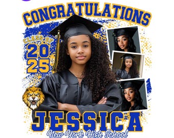 Modelo Digital Canva Editável para Graduação 2025, Download, Modelo Canva Azul e Dourado para Formatura, Turma de 2025, Adicionar Foto Personalizada Canva