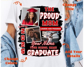 Modelo de inserção de fotos de formatura orgulhosa de 2025 editável no Canva, modelo de formatura de mãe orgulhosa da turma de 2025 no Canva, modelo de formatura de família orgulhosa