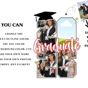 Modelo editável do Canva para fotos de formandos de 2026, com nome personalizável e opção para adicionar foto em formato de números. Foto personalizada para formandos de 2026. imagem 2