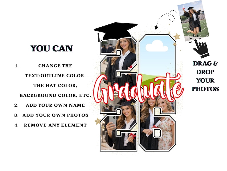 Modelo editável do Canva para fotos de formandos de 2026, com nome personalizável e opção para adicionar foto em formato de números. Foto personalizada para formandos de 2026. imagem 2