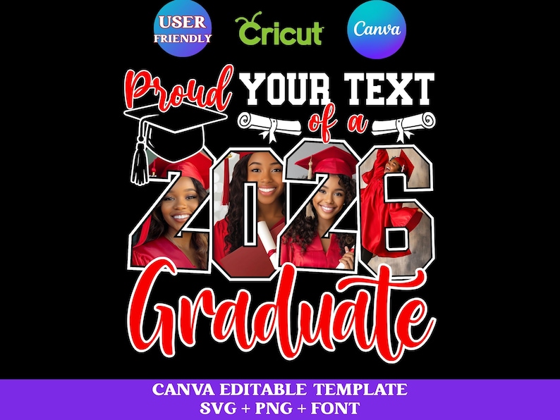 Plantilla editable en CANVA de graduación 2026, SVG PNG de graduación 2026, SVG personalizado con foto de graduación 2026, SVG de familia orgullosa de graduarse imagen 1