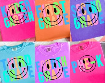 Preppy terug naar school bloemenbundel PNG SVG, eerste/ tweede/ derde/ vierde leerjaar ontwerpen, smiley terug naar school png, retro leraarshirt neon
