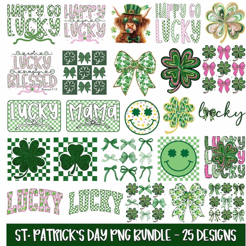 May include: A set of 25 St. Patrick's Day digital graphics featuring shamrocks, bows, and text. The graphics are in shades of green, pink, and white.