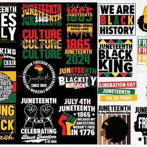 May include: A collection of digital designs featuring text and illustrations celebrating Juneteenth, a holiday commemorating the emancipation of enslaved African Americans in the United States. The designs feature phrases like "Juneteenth Vibes Only", "Juneteenth Black King", "Juneteenth Freedom", and "Celebrating Black Freedom". The designs are in black, red, green, and yellow colours.