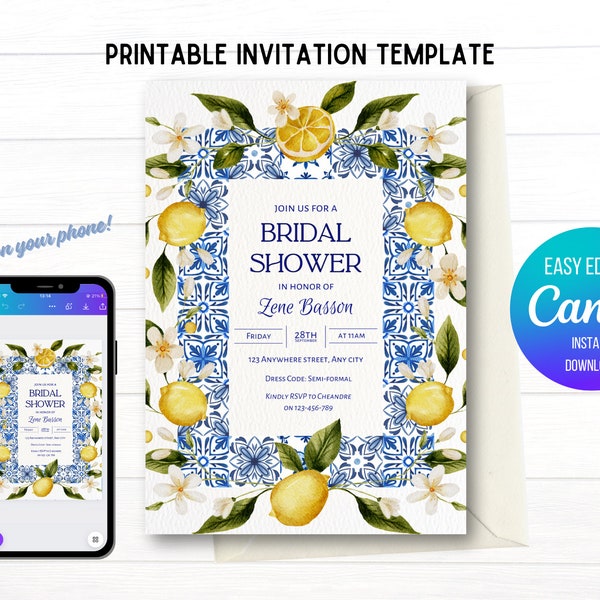 Italian Blue Tile Lemon Printable Invitation Template | Bridal Shower | Kitchen tea | Canva Digital Editable Template | Instant Download