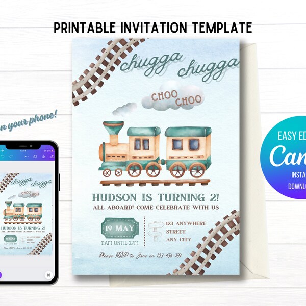 Train Birthday Party Printable Invitation Template | Choo Choo Watercolor | Canva Digital Editable Template | Instant Download