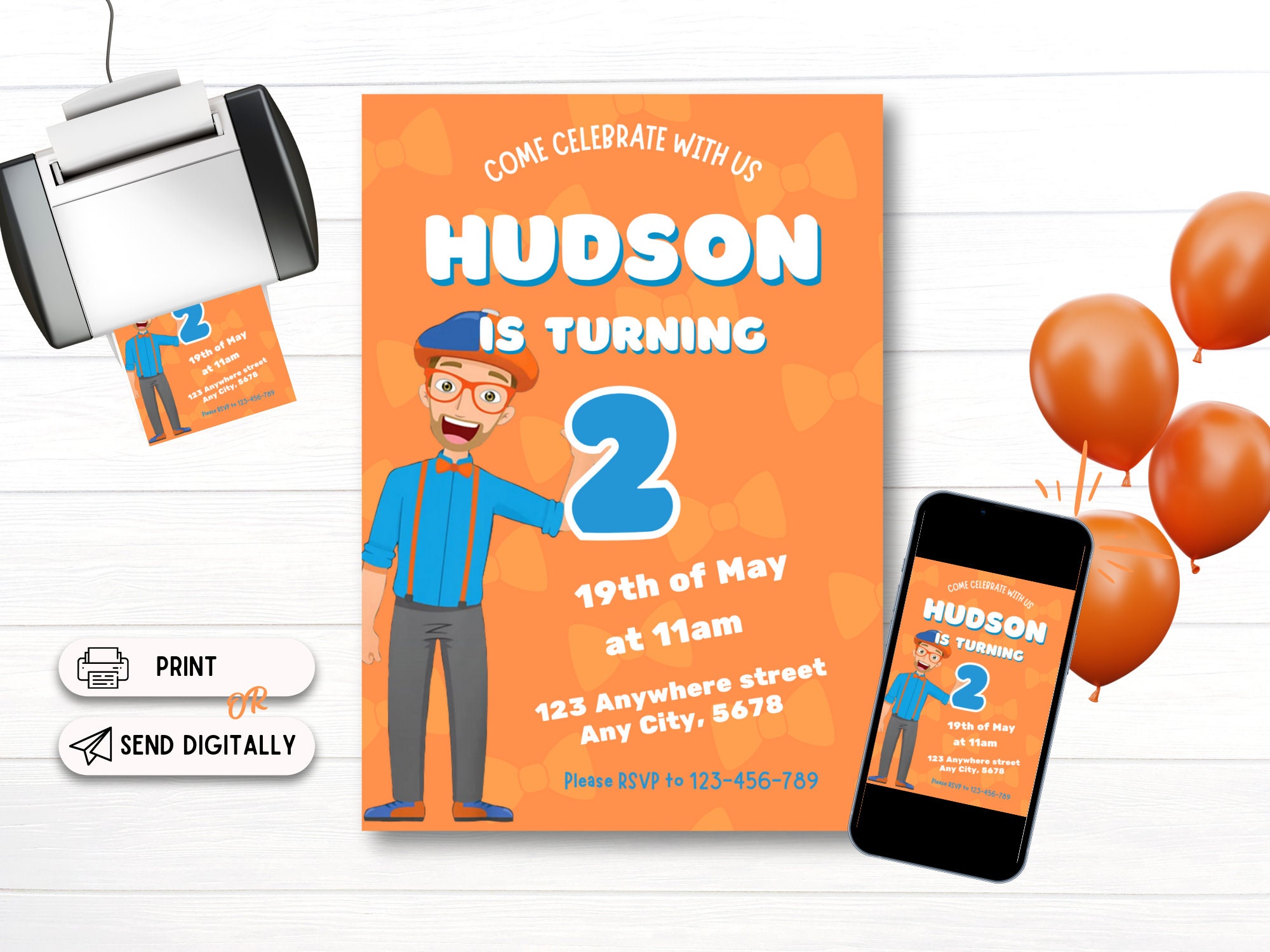 Blippi Printable Invitation Template Orange Blue Blippi Canva Digital ...