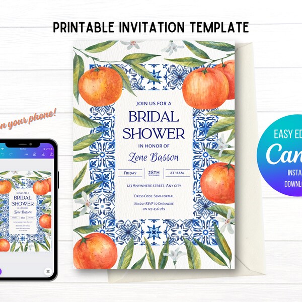 Italian Blue tiles with Oranges Printable Invitation Template | Dolce Vita | Canva Digital Editable Template | Instant Download