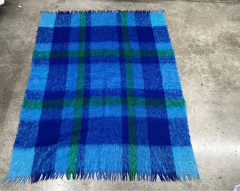 Vintage Waratah Mohair Wol Blauwe Plaid Gooi Deken Gemaakt In Australië 64" x 51"