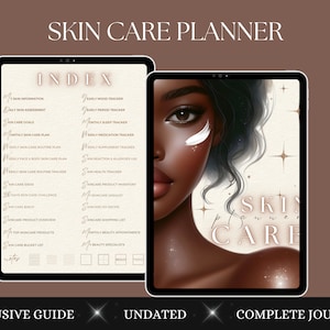 May include: A digital planner with a brown background and gold text. The planner is titled "Skin Care Planner" and has an index with a list of topics related to skin care. The image also shows a woman with dark skin and curly hair.