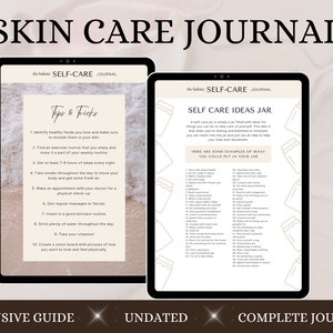 Peut inclure: Un journal num&eacute;rique avec un fond de plage bleu et blanc. Le journal est intitul&eacute; "Skin Care Journal" et comprend des conseils et des astuces pour prendre soin de soi. Le journal comprend &eacute;galement une section sur "Self-Care Ideas Jar" avec une liste d'id&eacute;es pour aider &agrave; prendre soin de soi.