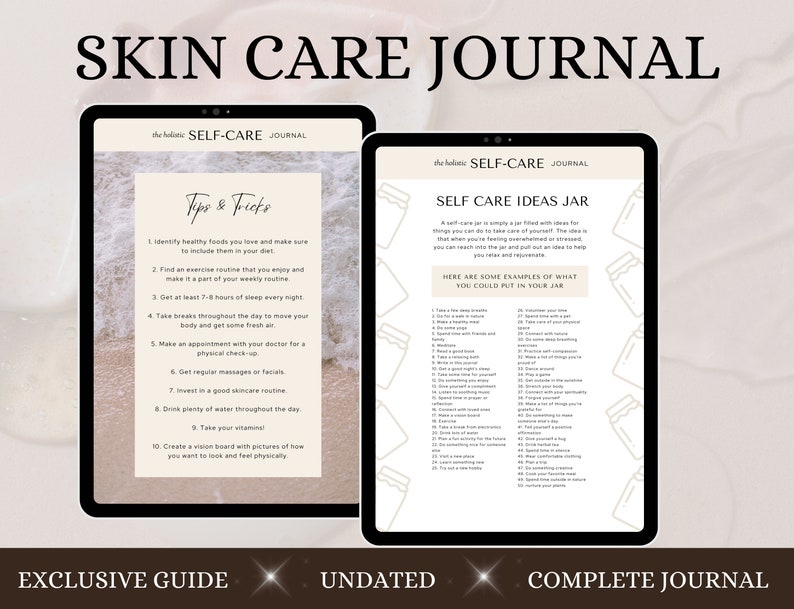 Peut inclure: Un journal num&eacute;rique avec un fond de plage bleu et blanc. Le journal est intitul&eacute; "Skin Care Journal" et comprend des conseils et des astuces pour prendre soin de soi. Le journal comprend &eacute;galement une section sur "Self-Care Ideas Jar" avec une liste d'id&eacute;es pour aider &agrave; prendre soin de soi.