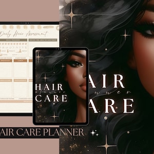 Puede incluir: Un planificador digital con un fondo oscuro y estrellas doradas. El planificador se titula "Hair Care Planner" y presenta una ilustración digital de una mujer con cabello y maquillaje oscuros. El planificador incluye una sección "Evaluación diaria del cabello" con una cuadrícula para realizar un seguimiento de las rutinas de cuidado del cabello.