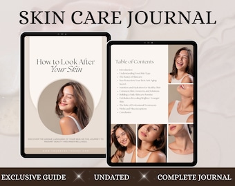 May include: A digital journal cover with a woman's face on the front and a table of contents on the right. The title of the journal is "Skin Care Journal" and the subtitle is "How to Look After Your Skin". The journal is described as an "Exclusive Guide" and "Undated Complete Journal".